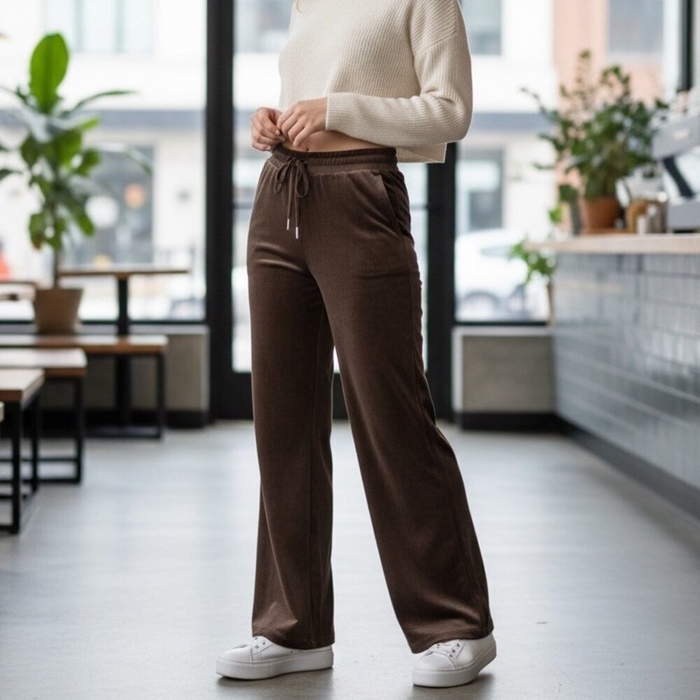 NWT Womens XL Petite Chocolate Brown Velour Straight Leg Athleisure Pants NY&Co